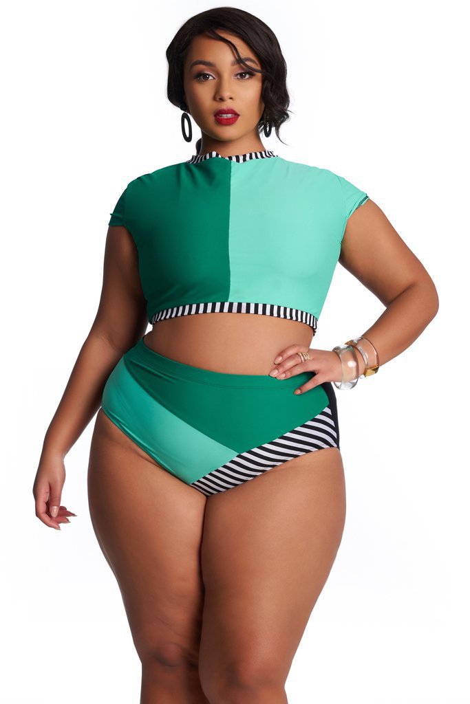 Womens Plus Size Swimsuit Multi-color stitched high-waisted bikini